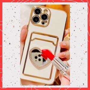 White Glitter Rhinestone iPhone 14 Case W/ Love Heart Mirror/Credit Card Holder